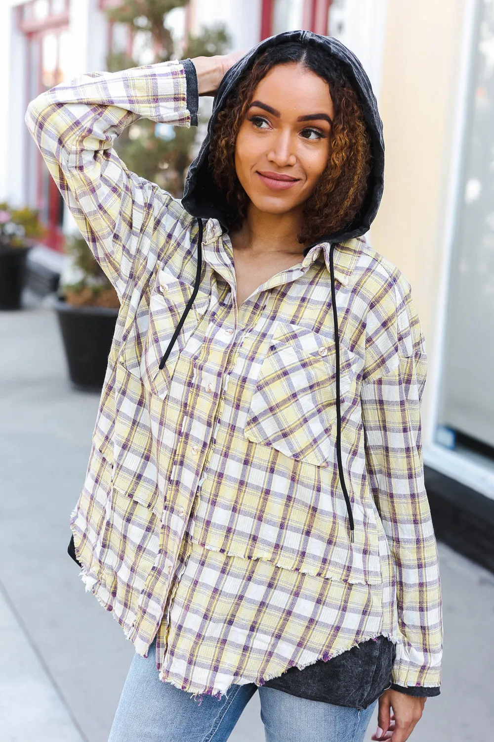 Taupe & Yellow Plaid 2-in-1 Shacket Hoodie