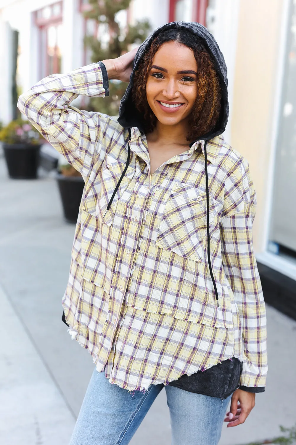 Taupe & Yellow Plaid 2-in-1 Shacket Hoodie