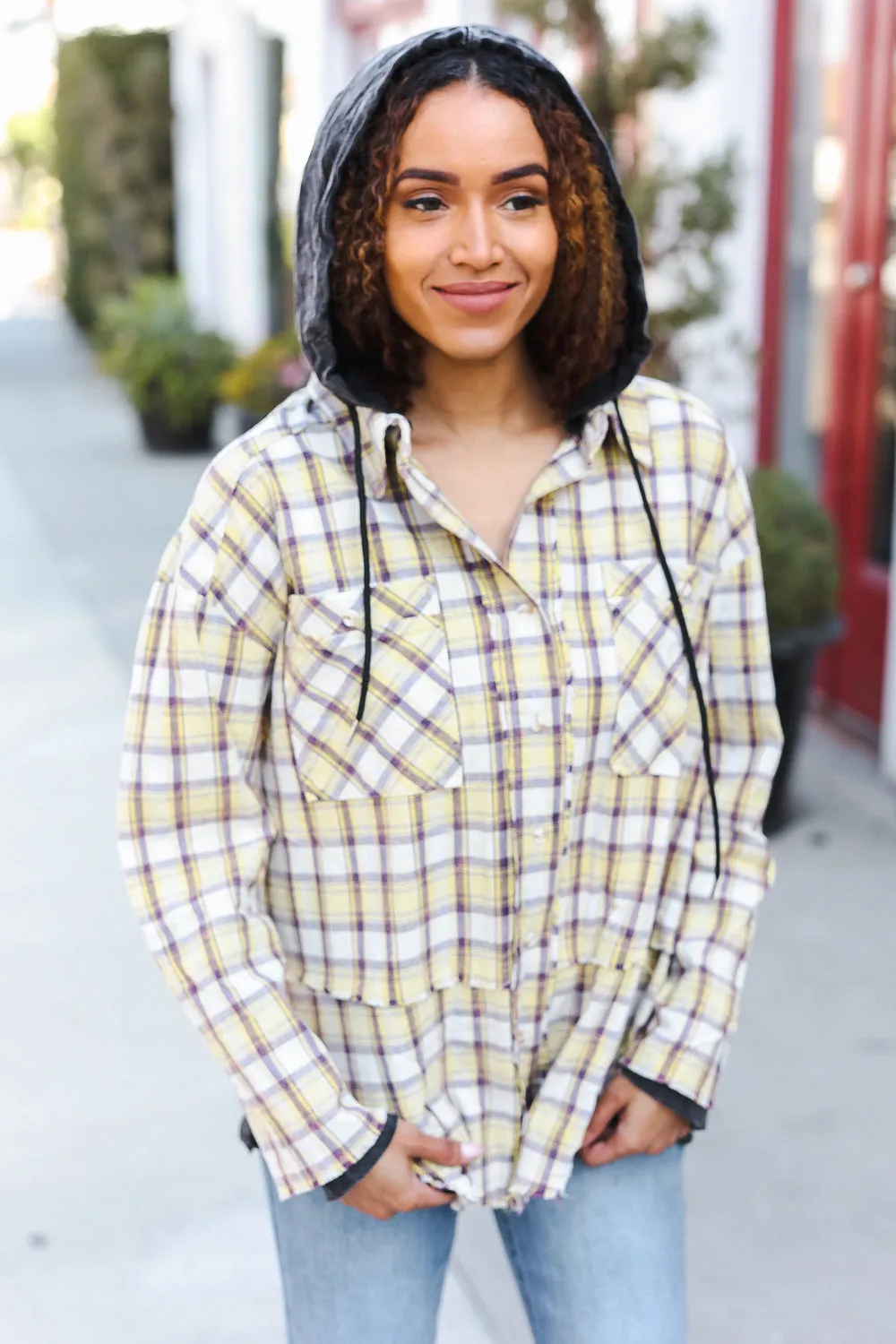 Taupe & Yellow Plaid 2-in-1 Shacket Hoodie