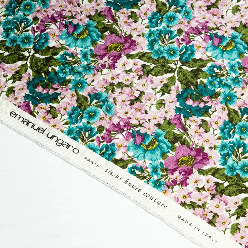 Teal & Lilac Floral Printed Cotton Blend Cloqué