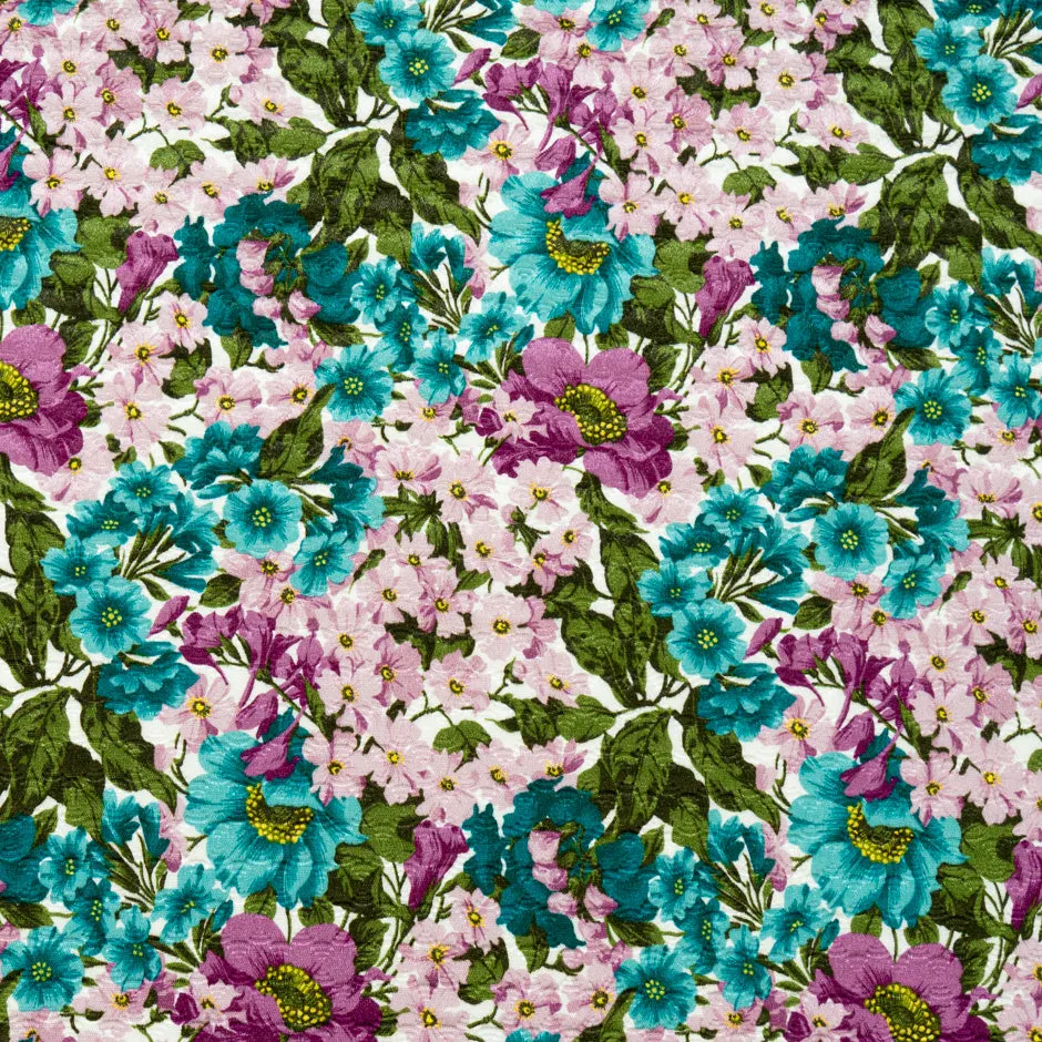 Teal & Lilac Floral Printed Cotton Blend Cloqué