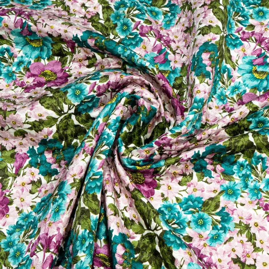 Teal & Lilac Floral Printed Cotton Blend Cloqué