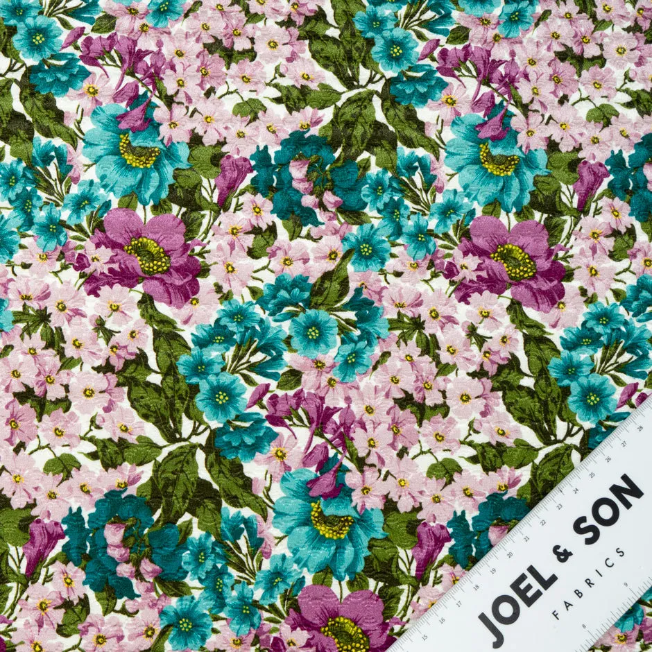 Teal & Lilac Floral Printed Cotton Blend Cloqué