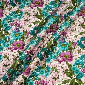 Teal & Lilac Floral Printed Cotton Blend Cloqué