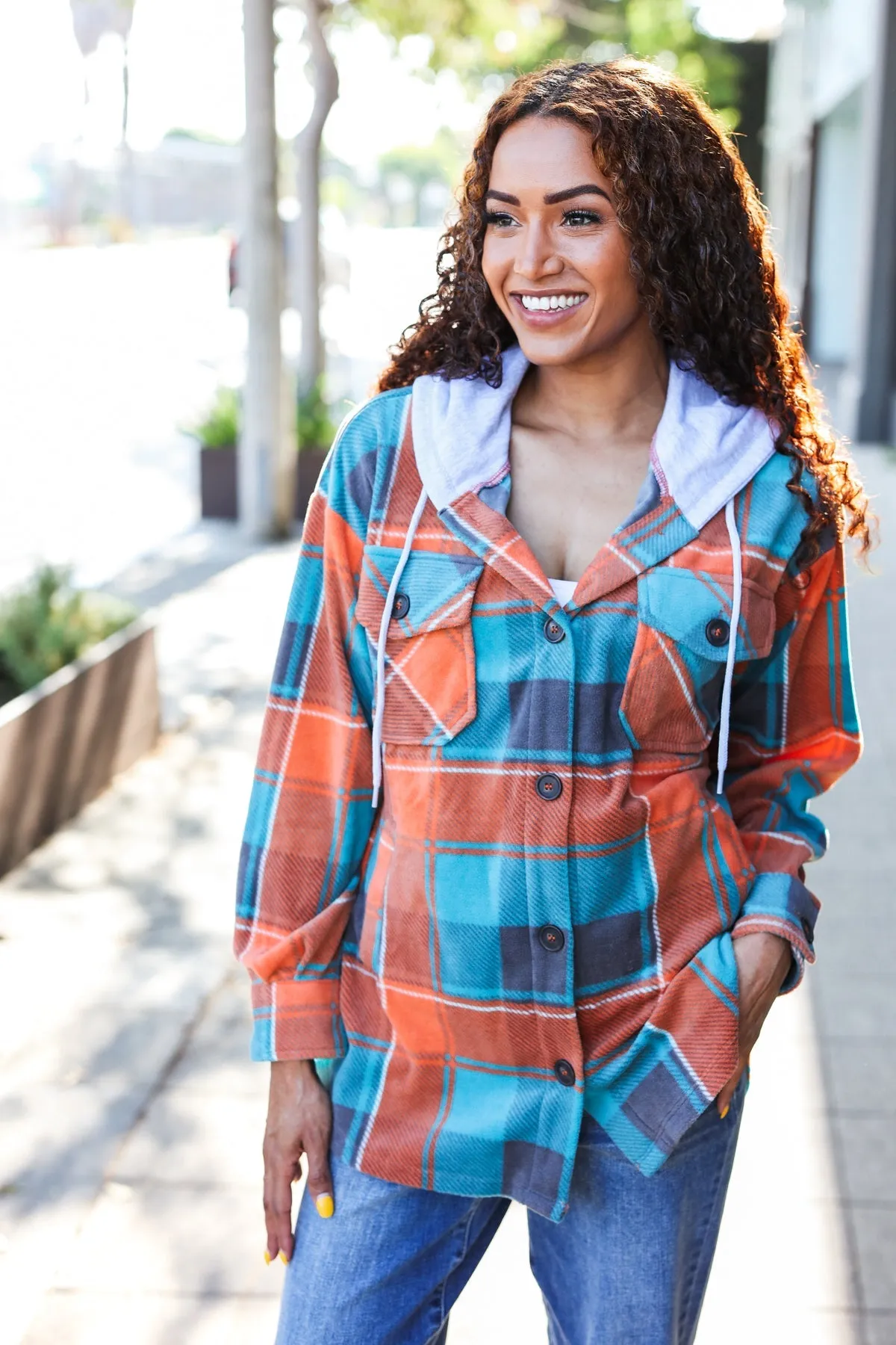 Teal & Orange Plaid Fleece Hoodie Shacket