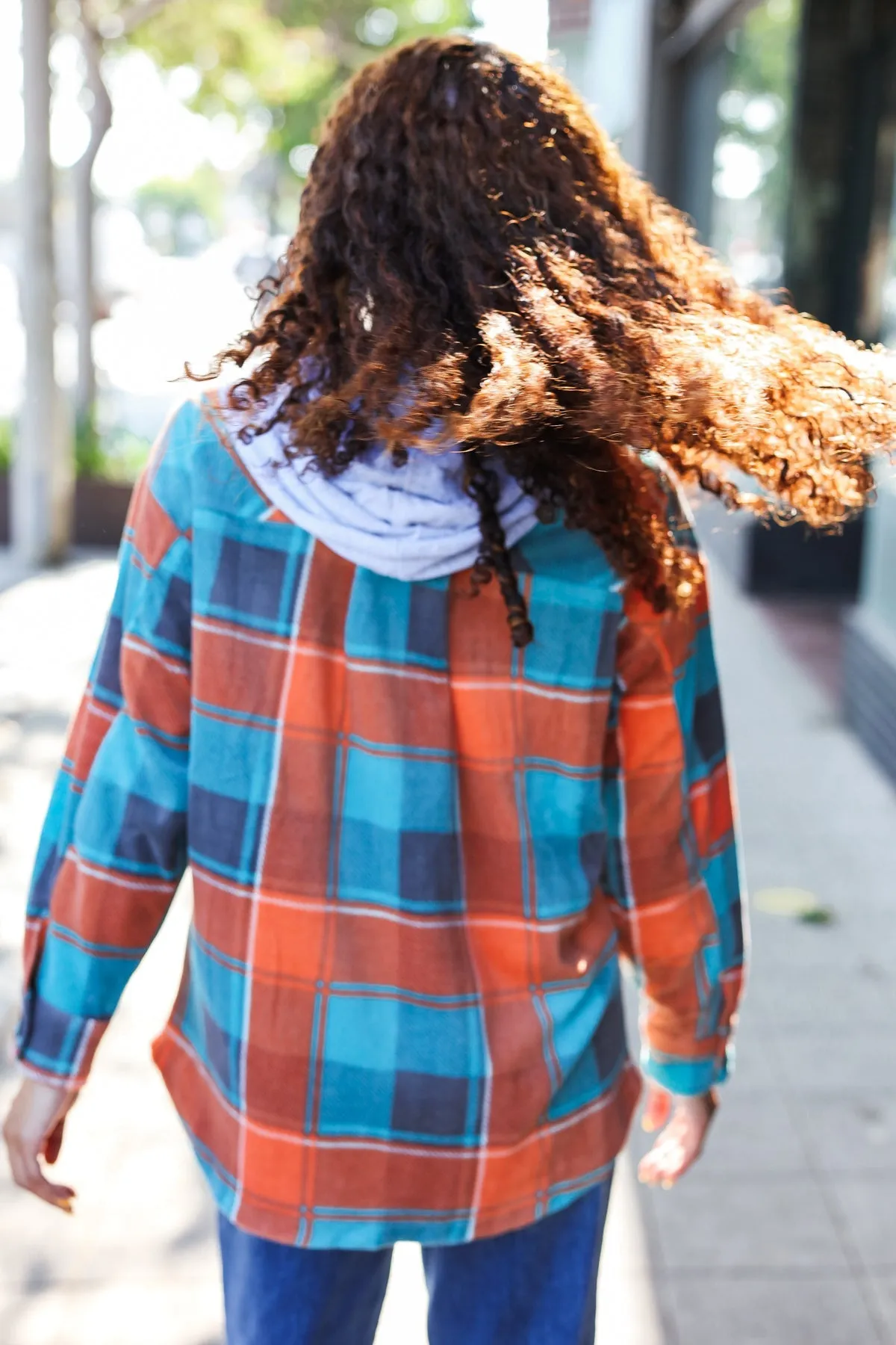 Teal & Orange Plaid Fleece Hoodie Shacket