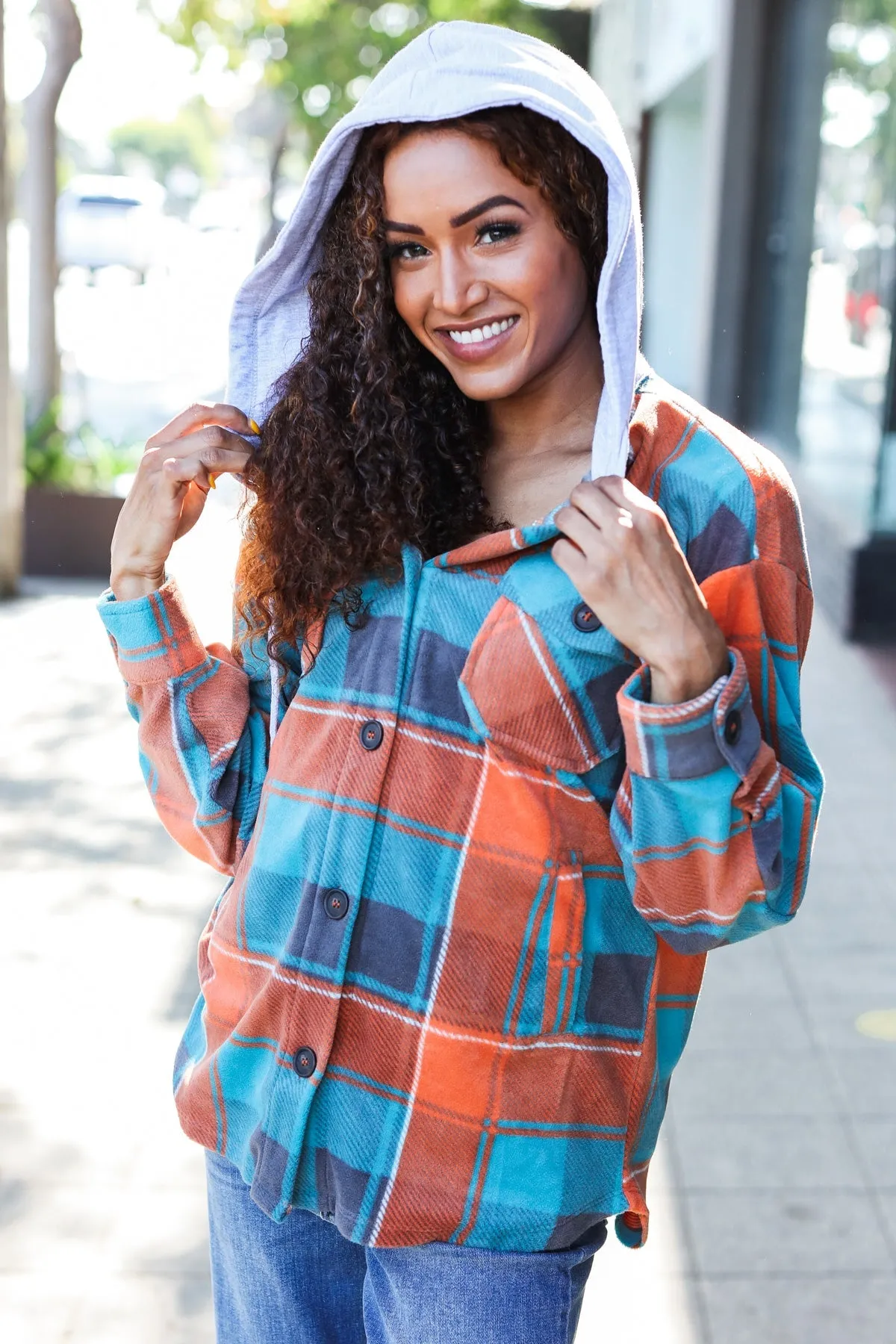 Teal & Orange Plaid Fleece Hoodie Shacket