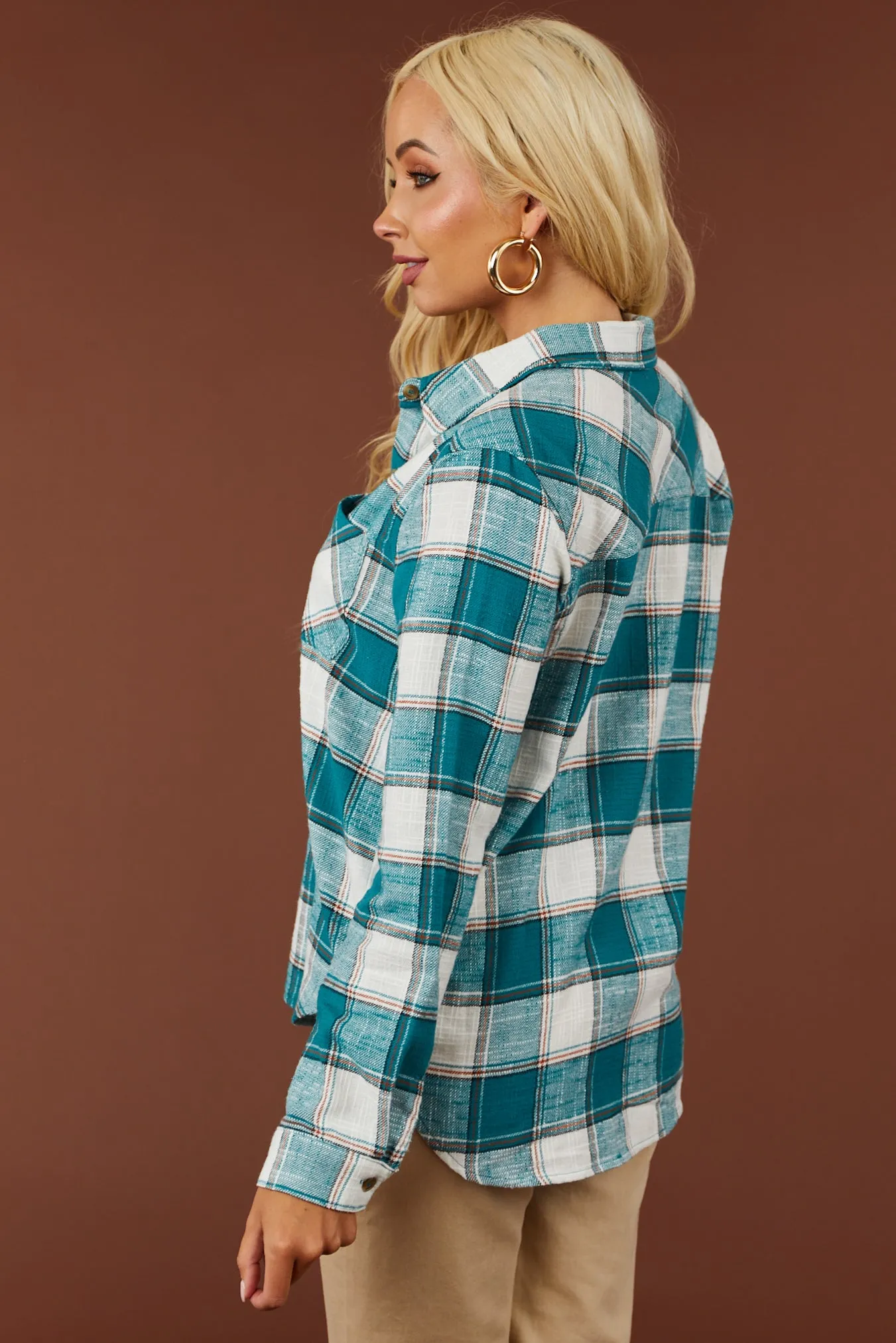 Teal Plaid Cotton Lightweight Shirt Jacket