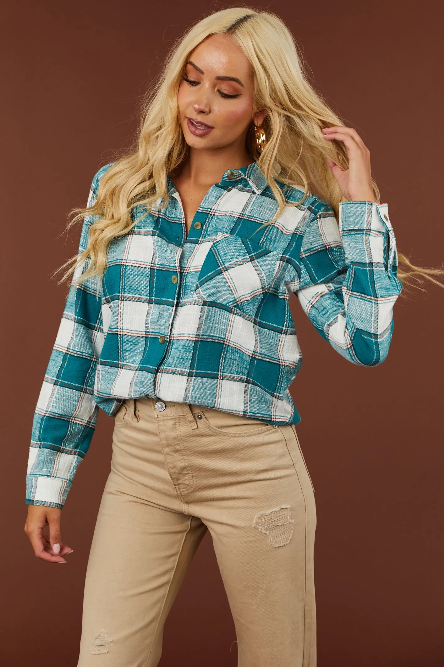 Teal Plaid Cotton Lightweight Shirt Jacket