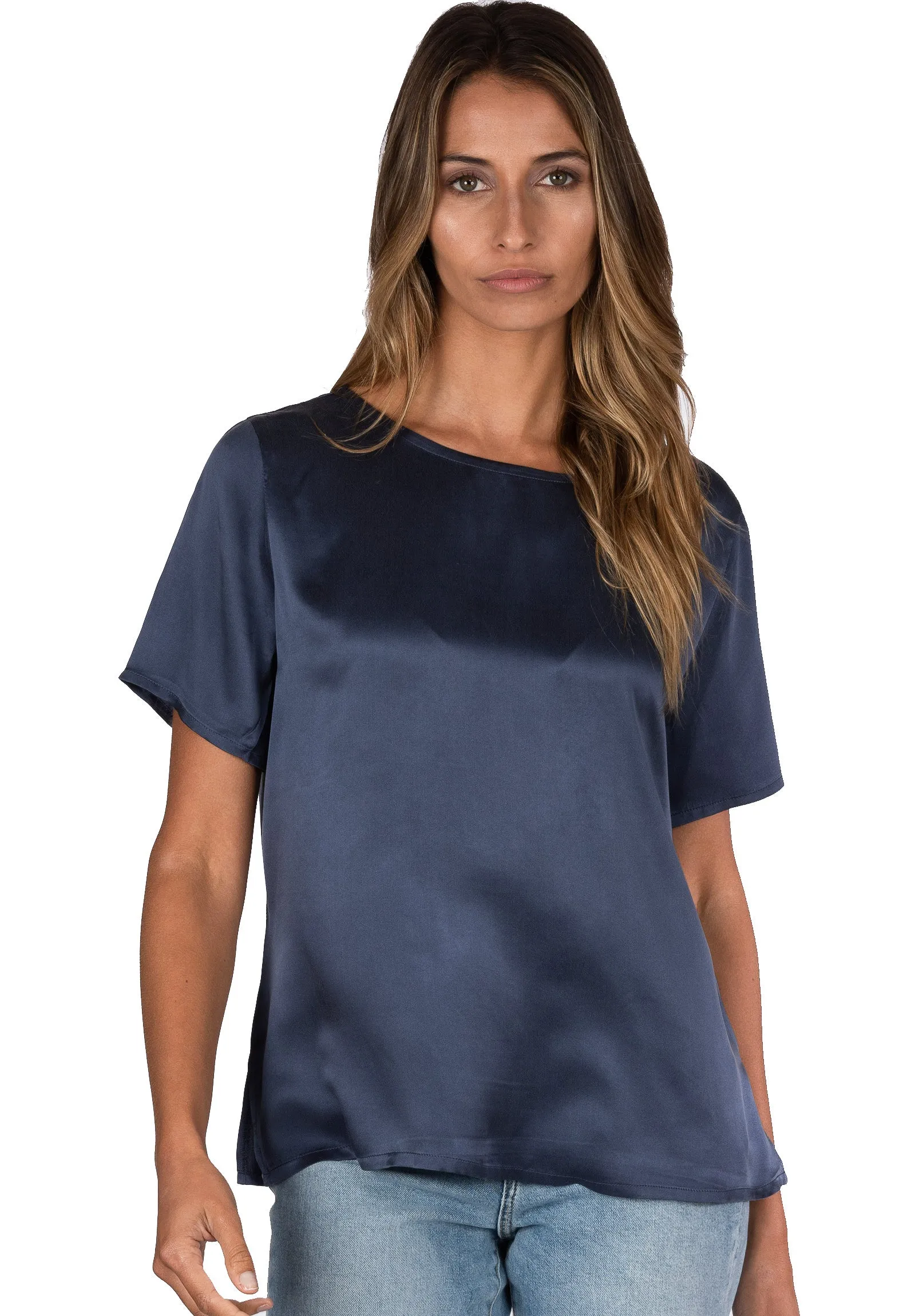 Teena-Satin Avio Blue 100% SIlk T-Shirt