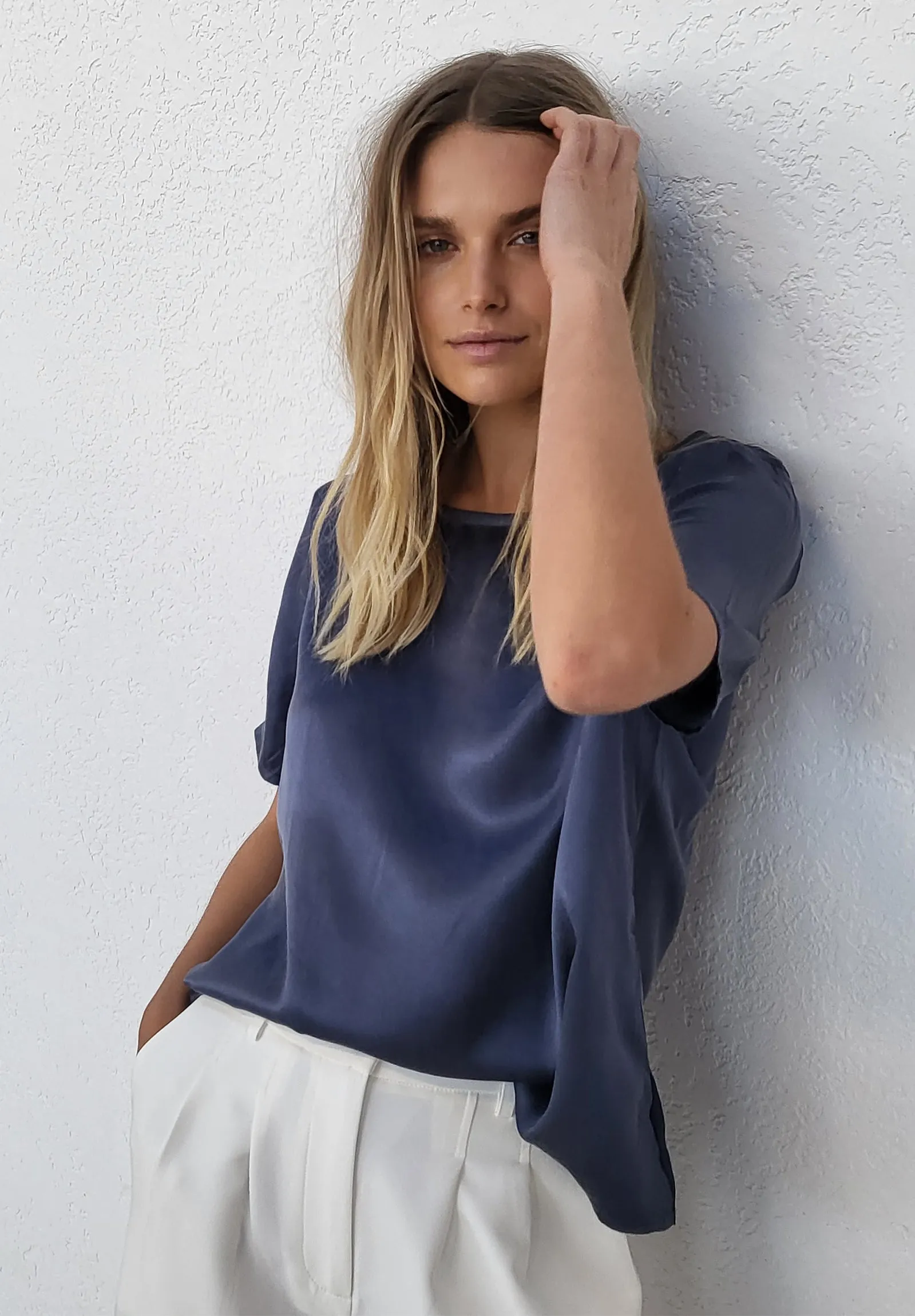 Teena-Satin Avio Blue 100% SIlk T-Shirt