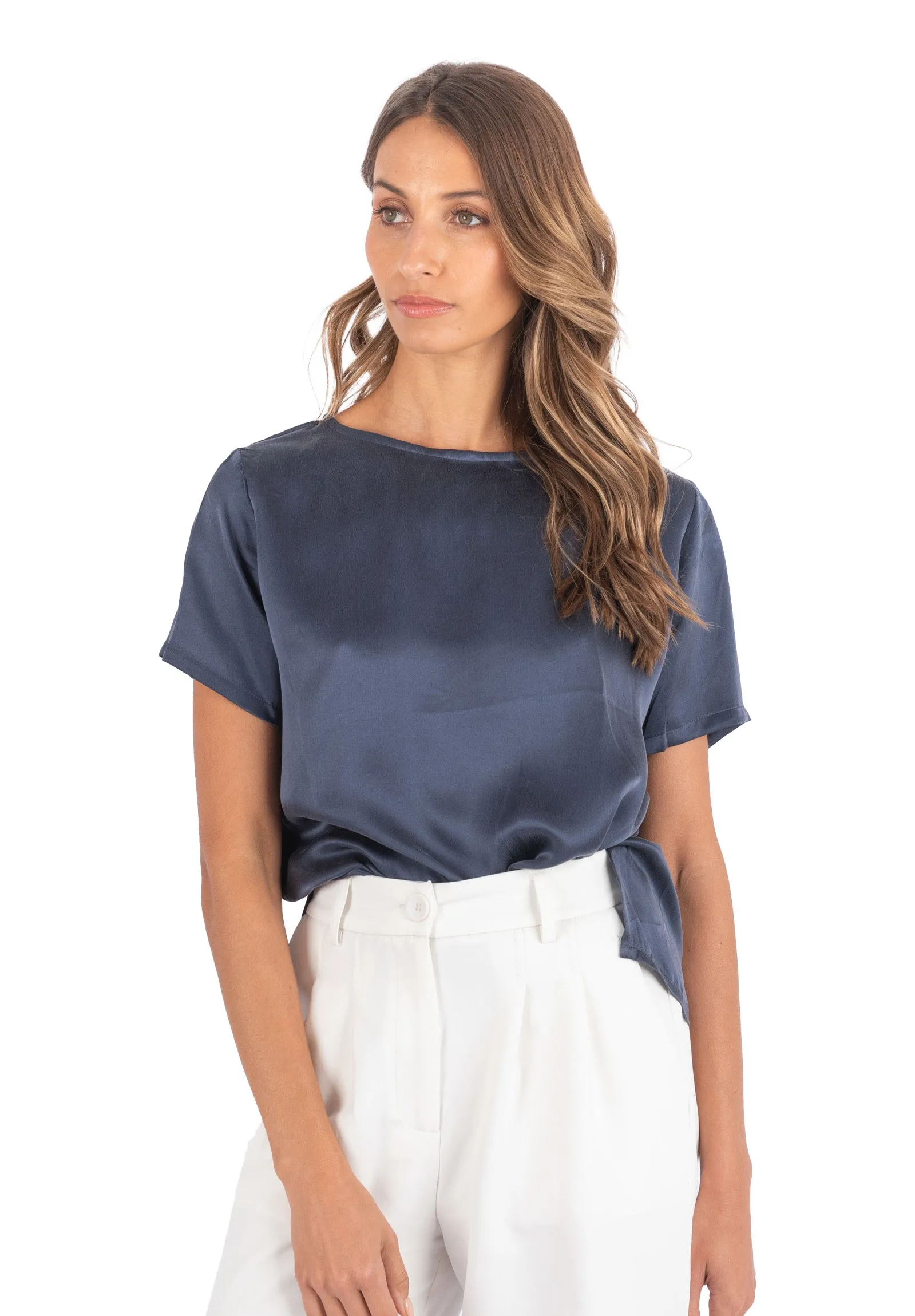 Teena-Satin Avio Blue 100% SIlk T-Shirt