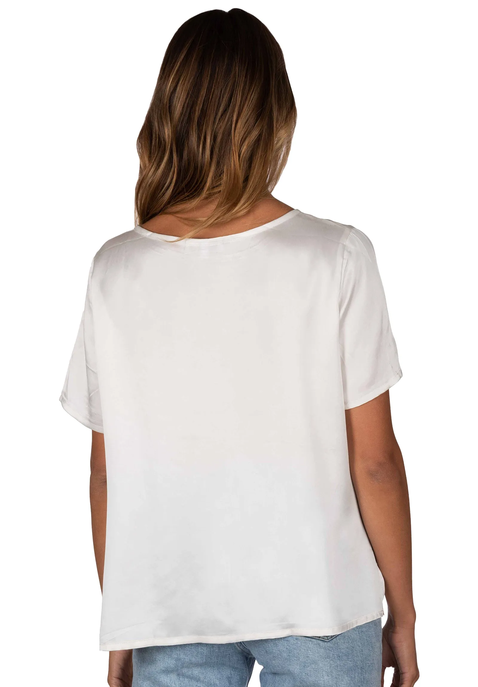 Teena-Satin White 100% Silk T-Shirt