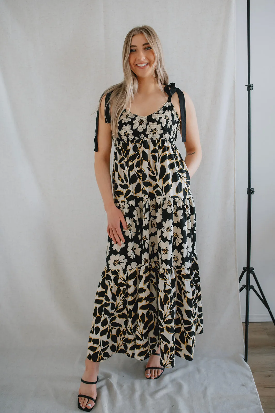 The Sloane Contrast Floral Tie Shoulder Maxi Dress