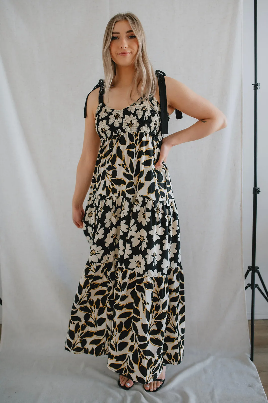 The Sloane Contrast Floral Tie Shoulder Maxi Dress