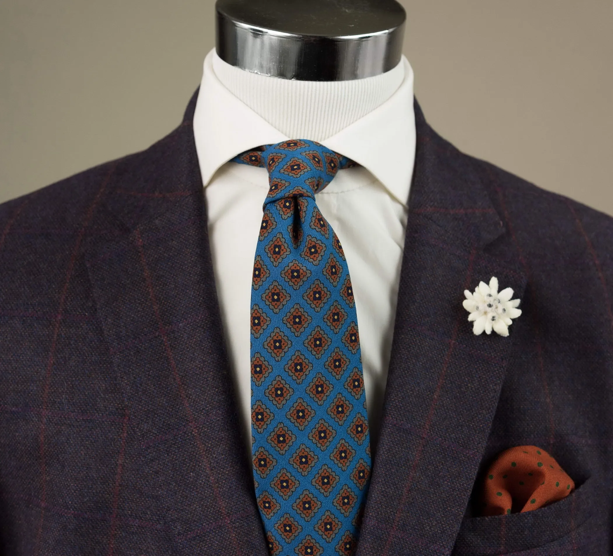 Turquoise Patterned Wool Challis Tie