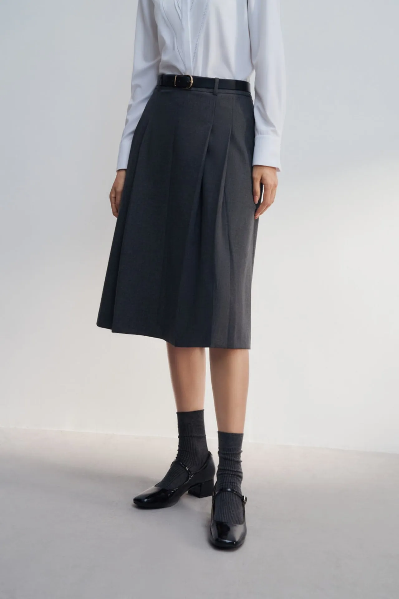 Twill A-line Midi Skirt With Belt