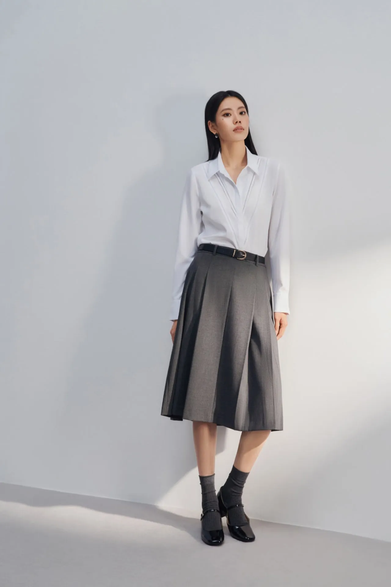 Twill A-line Midi Skirt With Belt