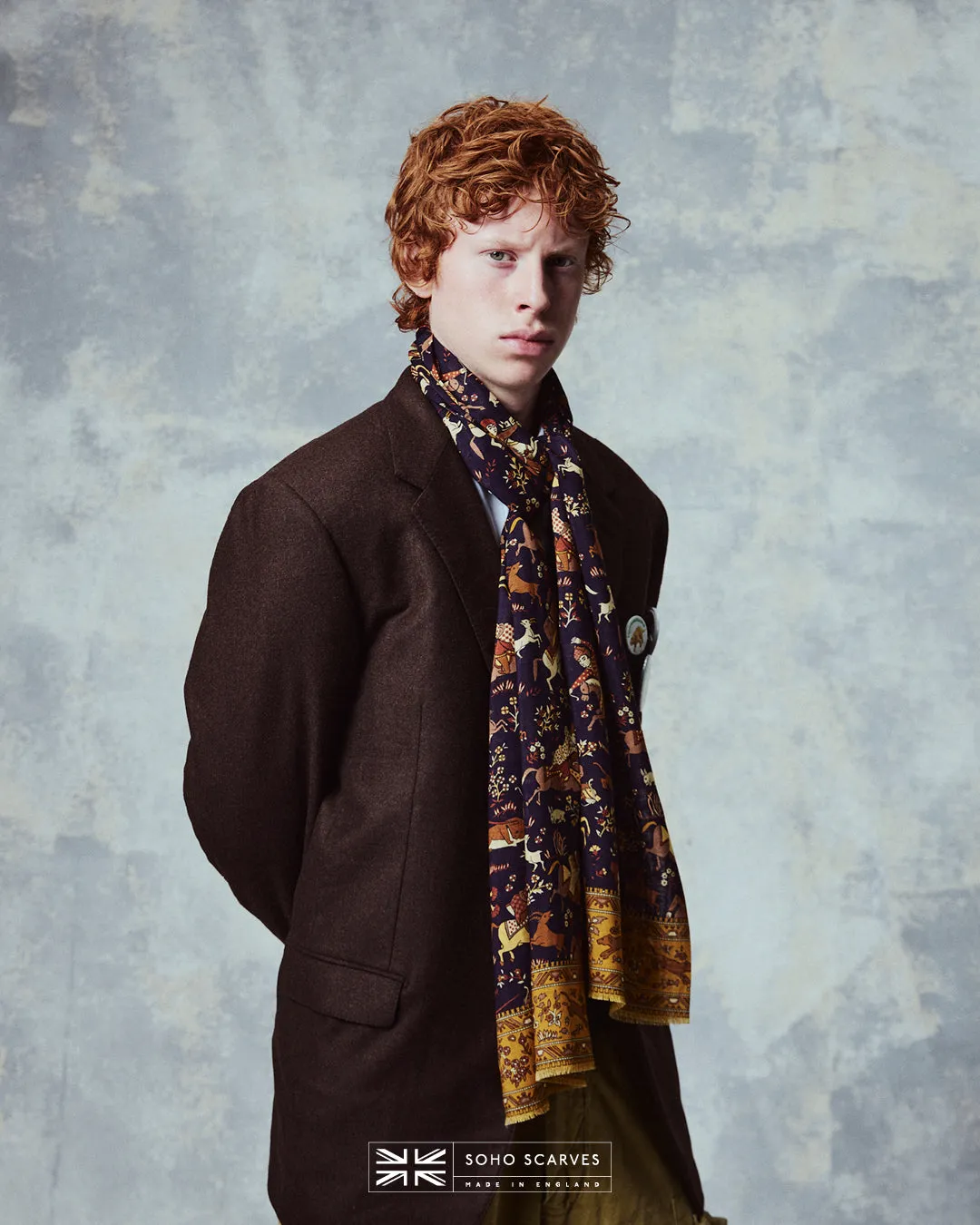 UK Wool and Silk Scarf - Hunters in Navy