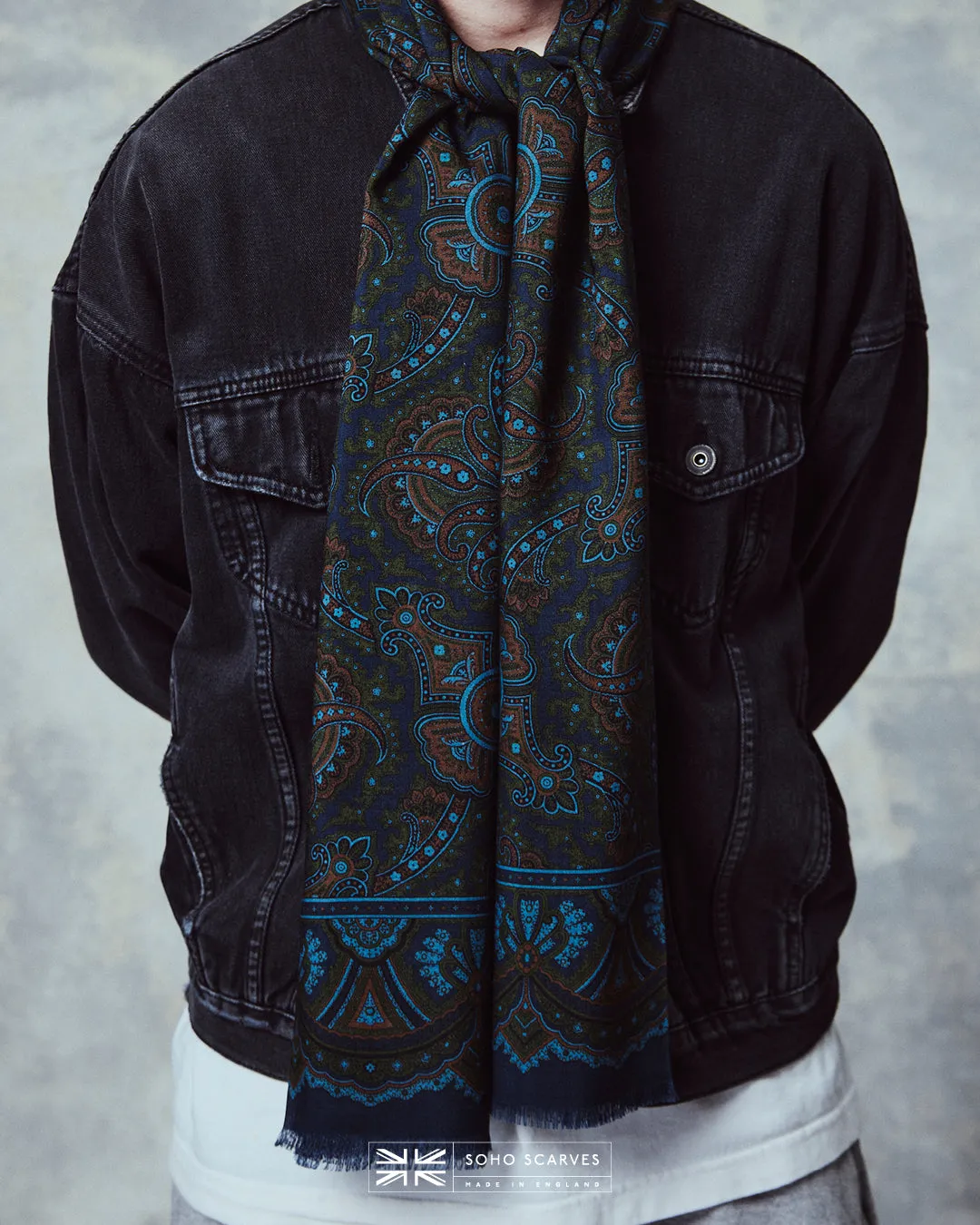 UK Wool and Silk Scarf - Paisley in Navy