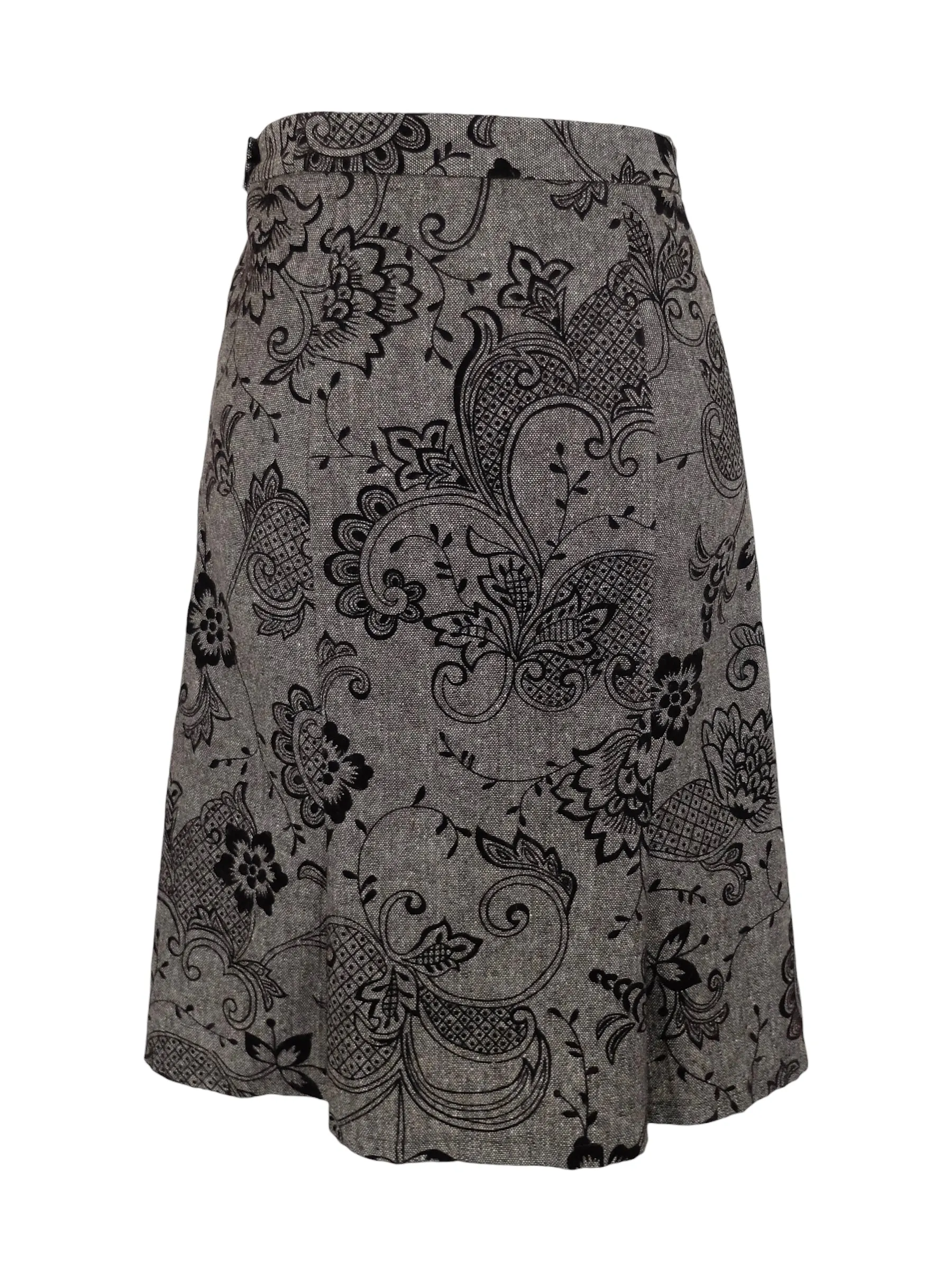 Vintage 2000s Y2K Chic Bohemian Hippie Low Rise Taupe Brown Grey Floral Velour Paisley Patterned Below-the-Knee Full Circle Midi Skirt | 30 Inch Waist