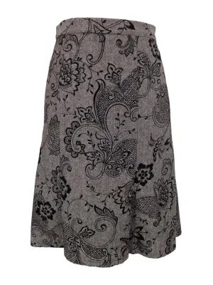 Vintage 2000s Y2K Chic Bohemian Hippie Low Rise Taupe Brown Grey Floral Velour Paisley Patterned Below-the-Knee Full Circle Midi Skirt | 30 Inch Waist