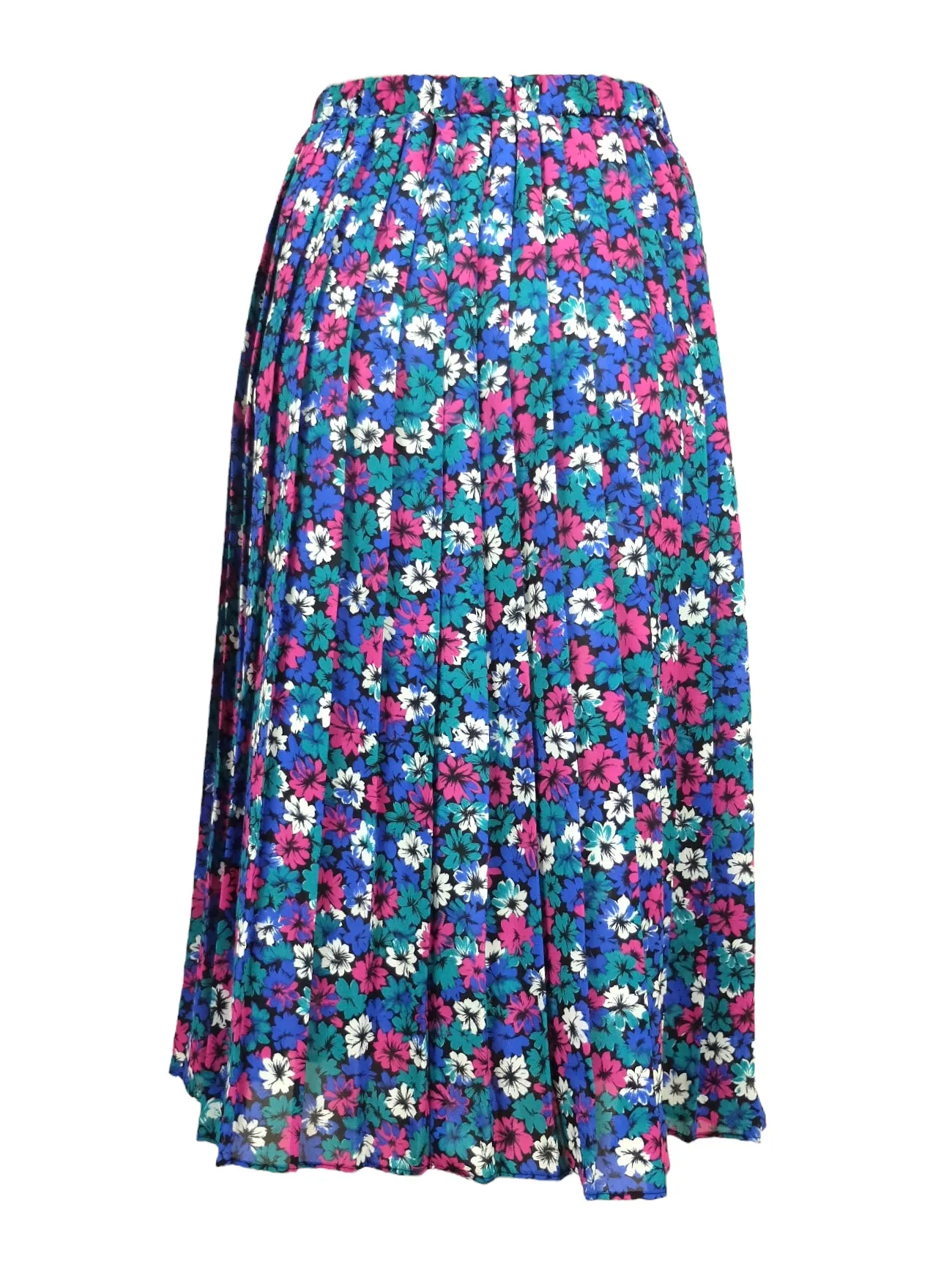 Vintage 80s Bright Floral Patterned High Waisted Elasticated Waist Pleated Summer Midi Skirt | 31-39 Inch Waist