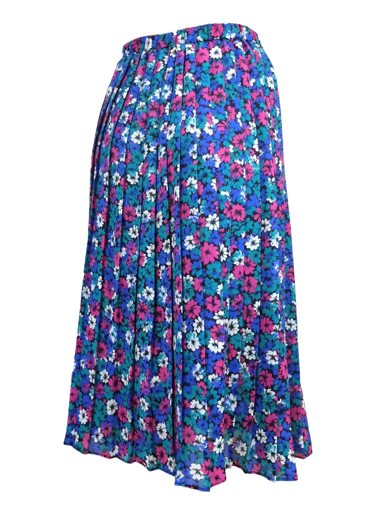 Vintage 80s Bright Floral Patterned High Waisted Elasticated Waist Pleated Summer Midi Skirt | 31-39 Inch Waist