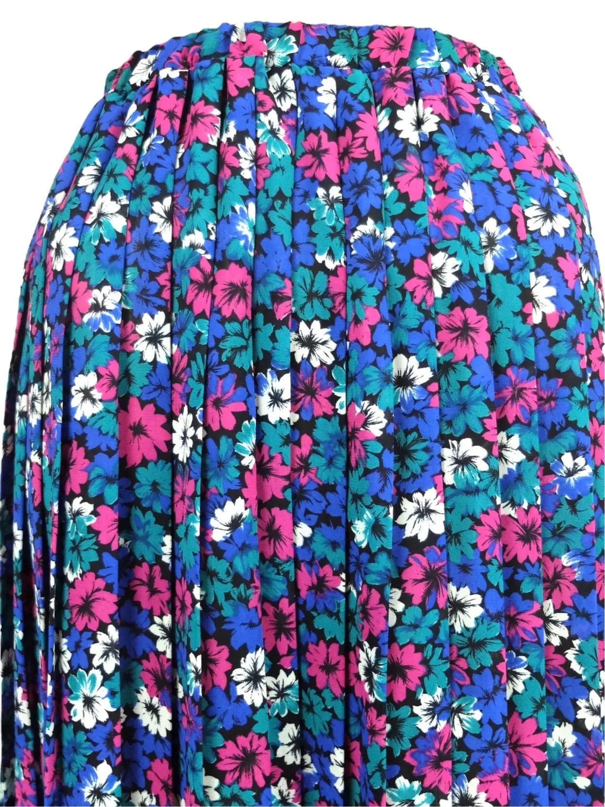 Vintage 80s Bright Floral Patterned High Waisted Elasticated Waist Pleated Summer Midi Skirt | 31-39 Inch Waist