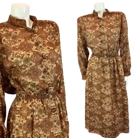 Vintage 80s  Brown Louis Feraud Ornamental Patterned Modest Midi Dress M/L 14-16