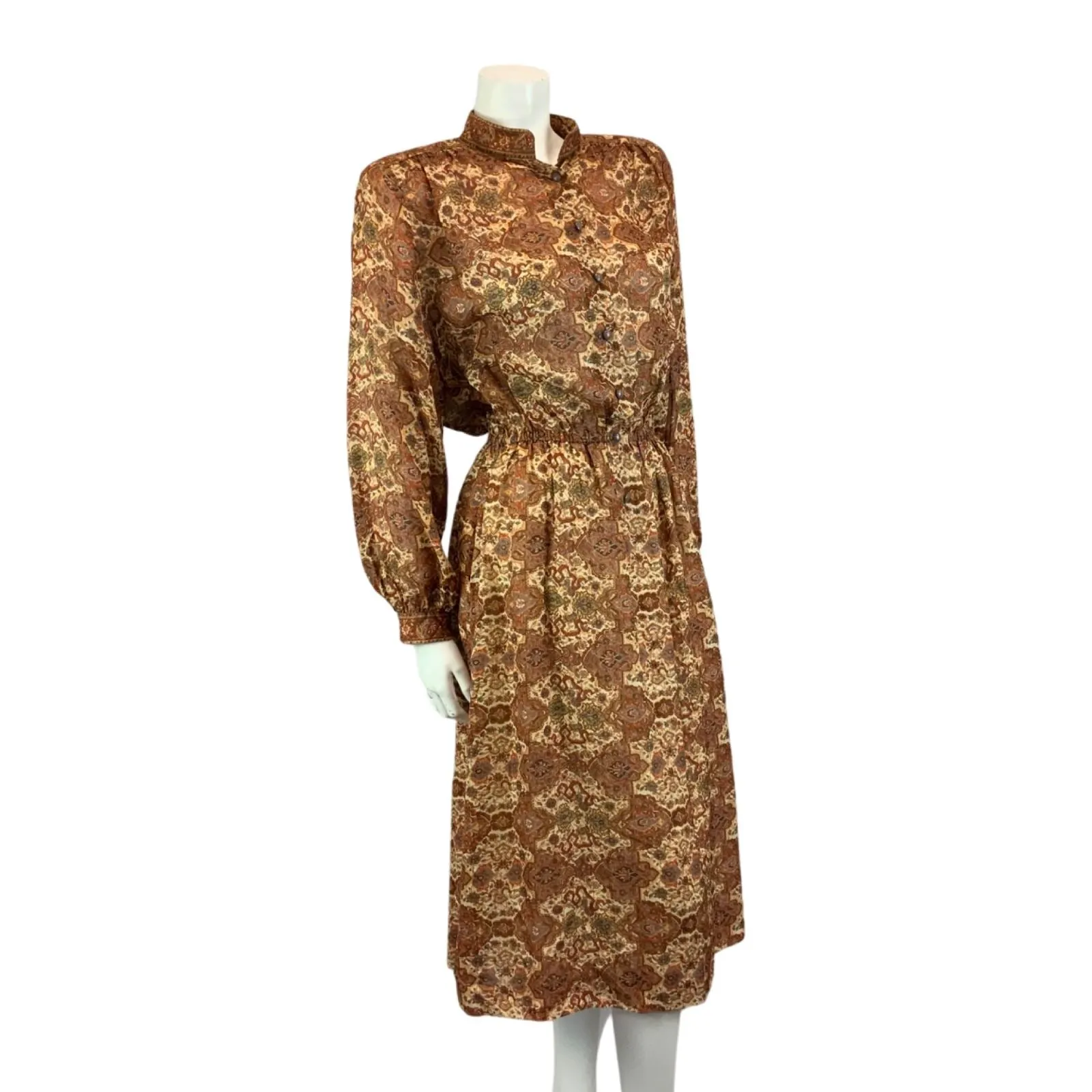 Vintage 80s  Brown Louis Feraud Ornamental Patterned Modest Midi Dress M/L 14-16