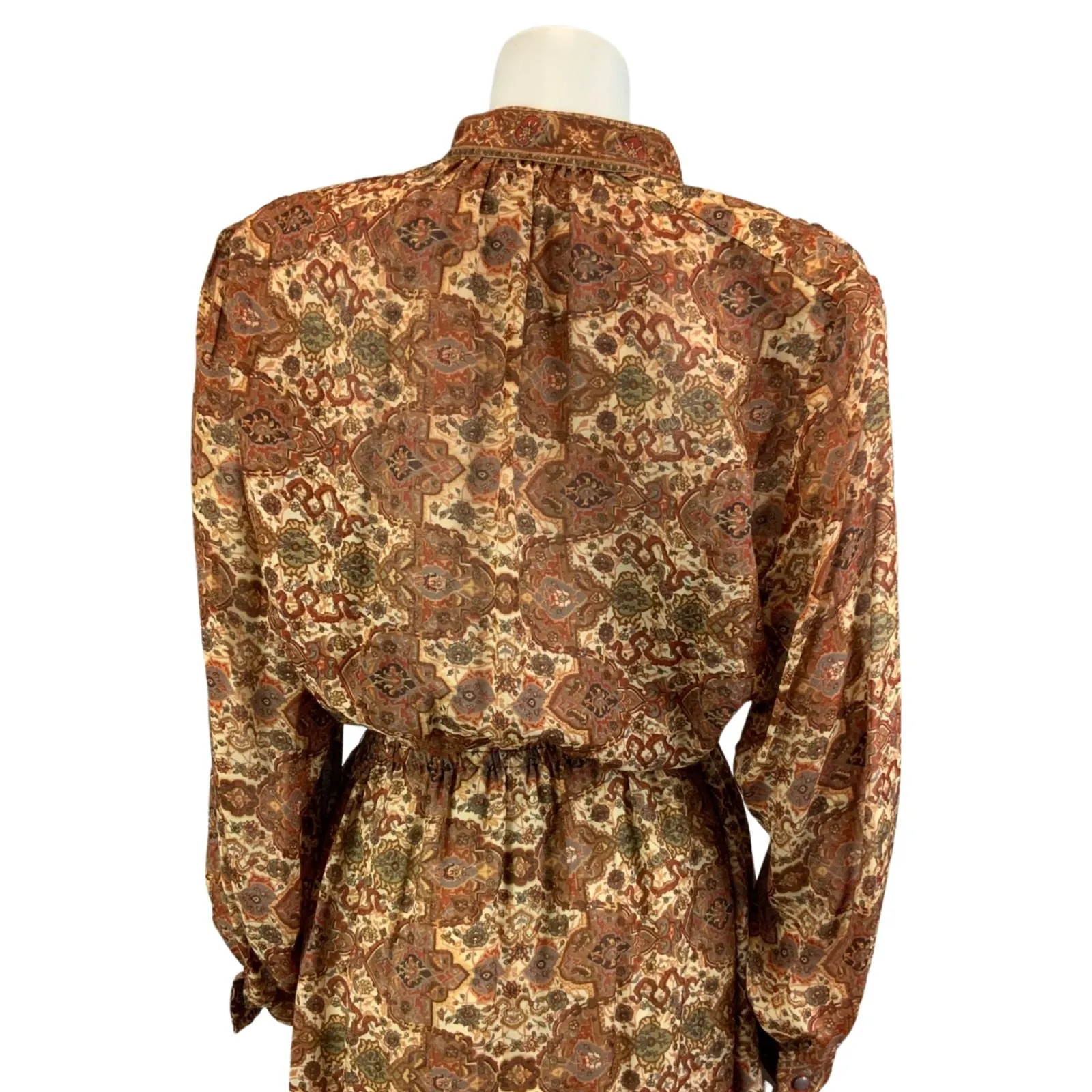 Vintage 80s  Brown Louis Feraud Ornamental Patterned Modest Midi Dress M/L 14-16