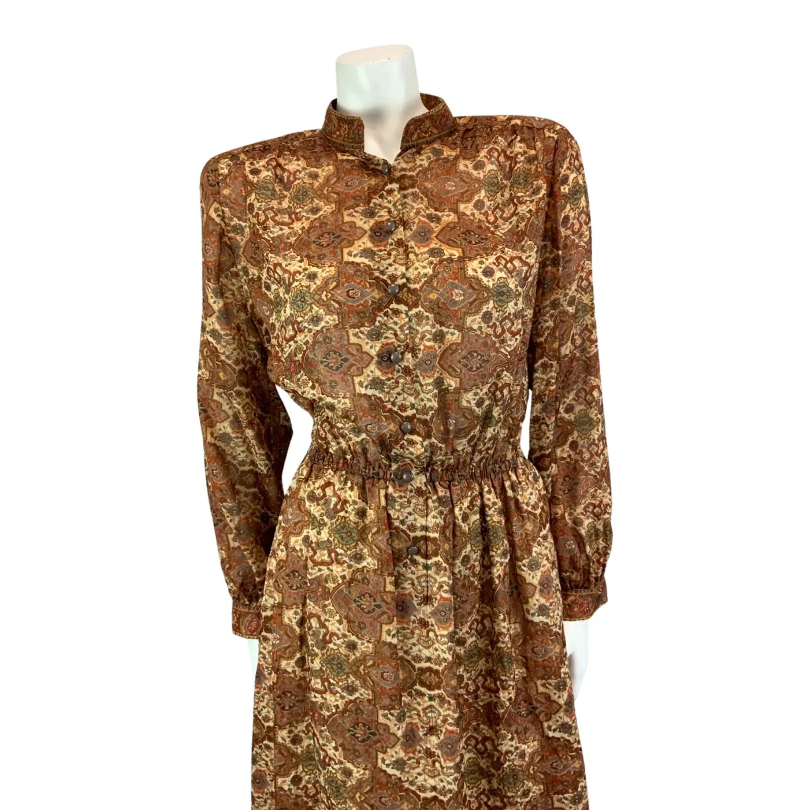 Vintage 80s  Brown Louis Feraud Ornamental Patterned Modest Midi Dress M/L 14-16