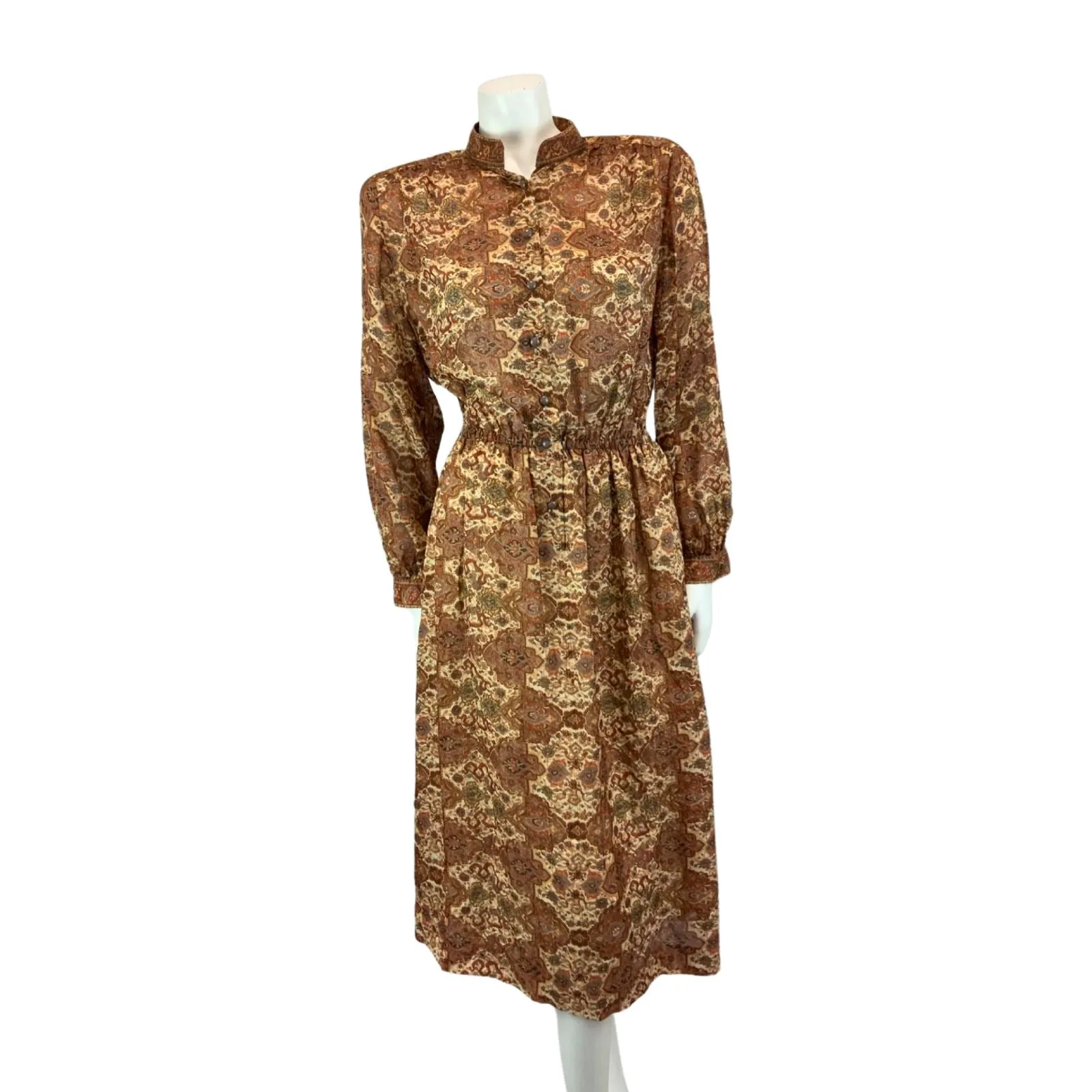 Vintage 80s  Brown Louis Feraud Ornamental Patterned Modest Midi Dress M/L 14-16