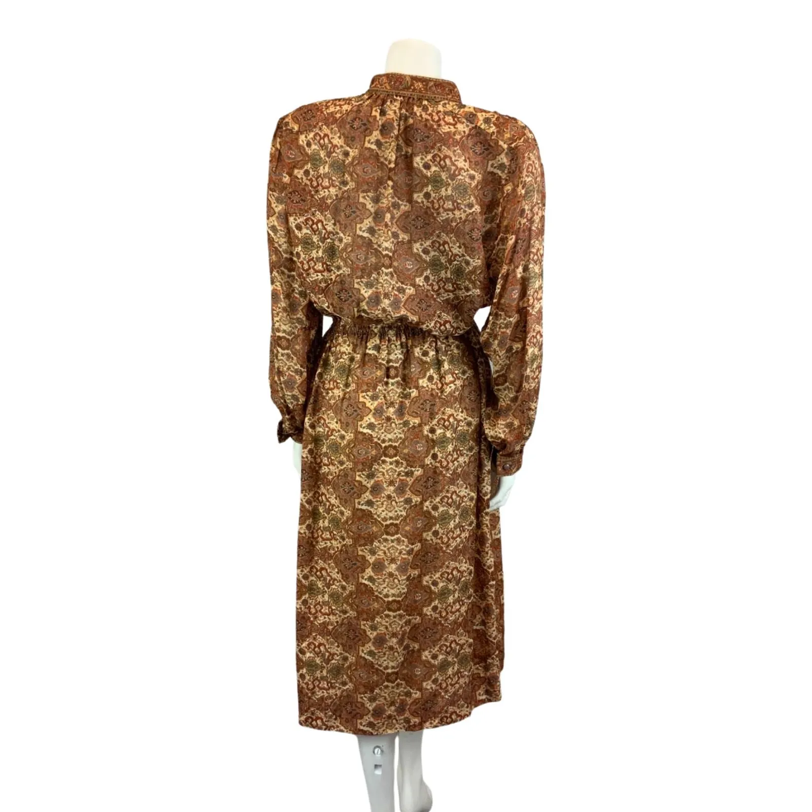 Vintage 80s  Brown Louis Feraud Ornamental Patterned Modest Midi Dress M/L 14-16