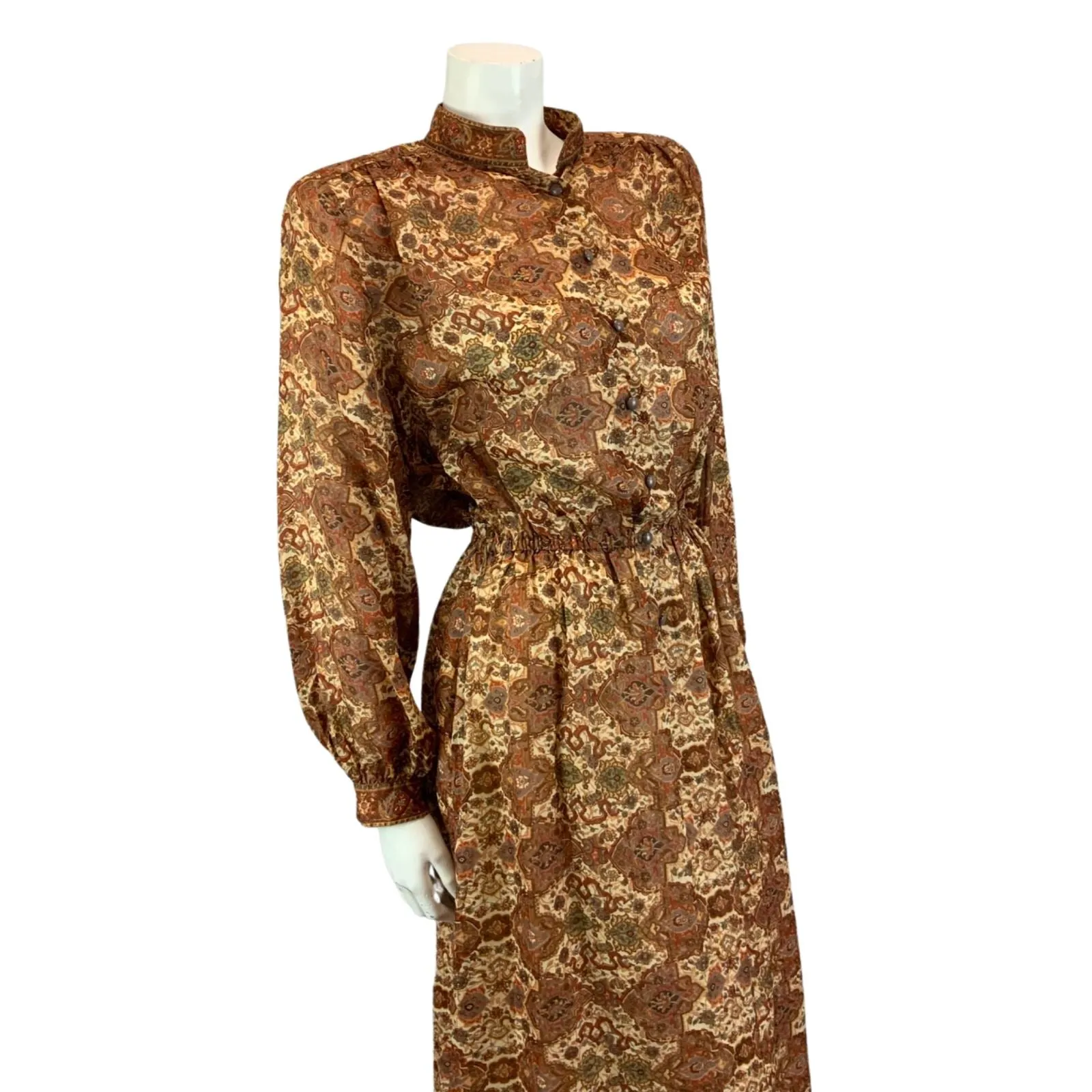 Vintage 80s  Brown Louis Feraud Ornamental Patterned Modest Midi Dress M/L 14-16