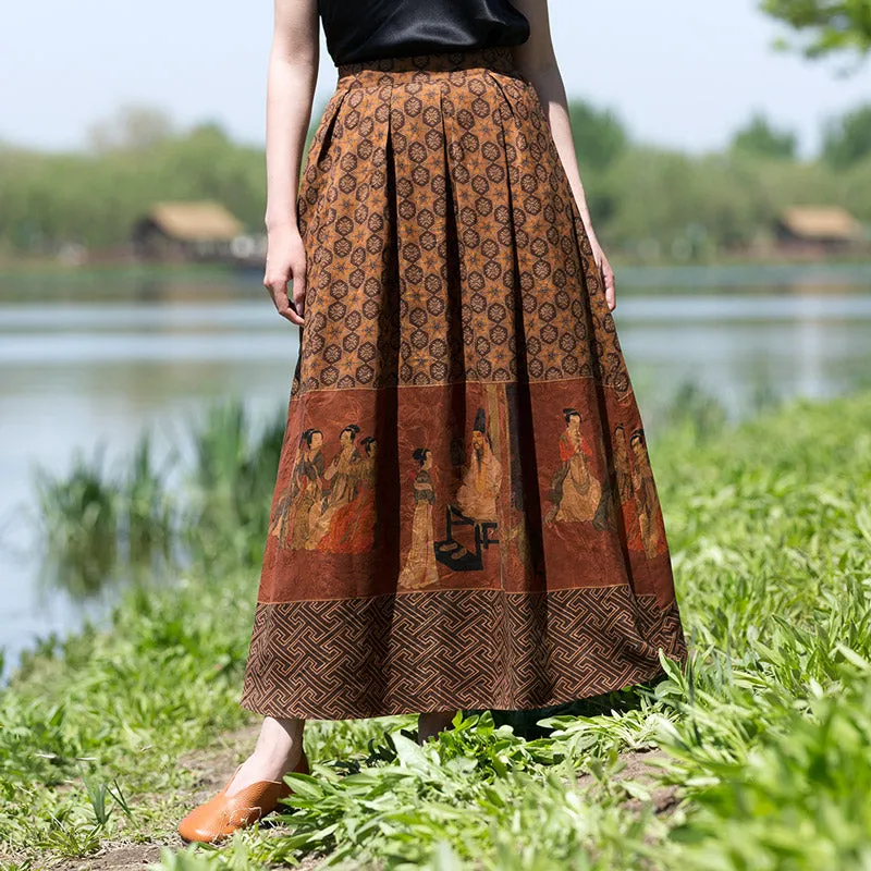 Vintage Chinese-style Mulberry Silk Court Banquet Print Retro Patterned Midi Skirt for Women