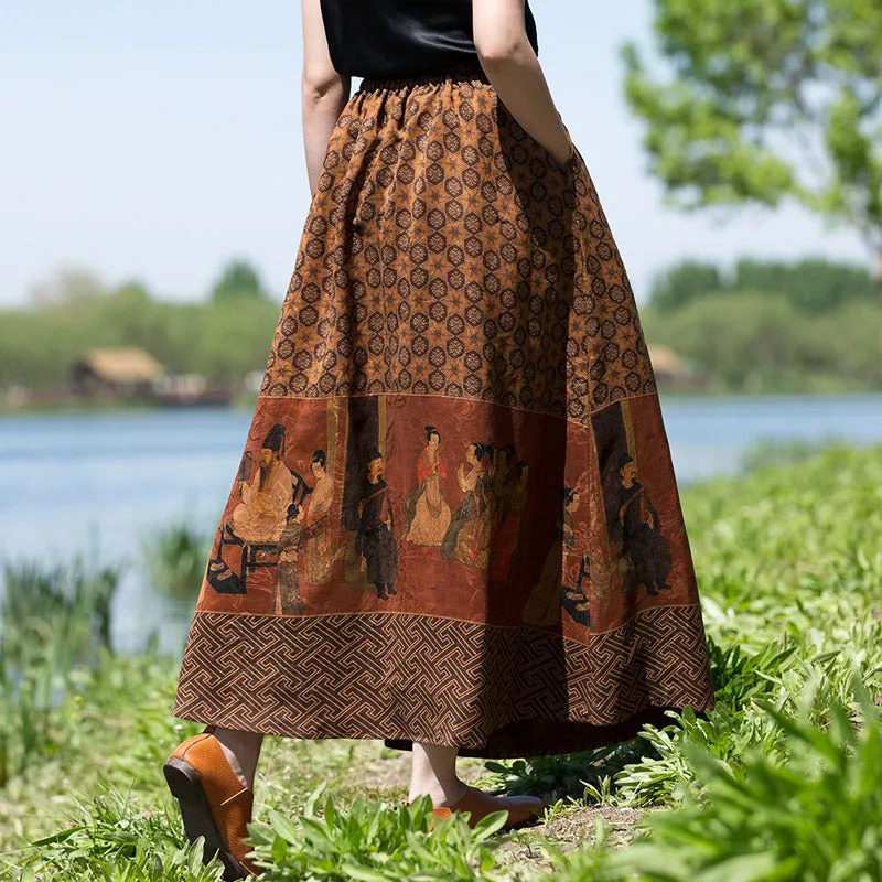 Vintage Chinese-style Mulberry Silk Court Banquet Print Retro Patterned Midi Skirt for Women