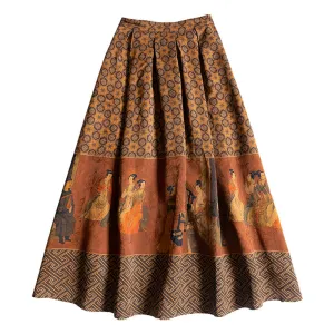 Vintage Chinese-style Mulberry Silk Court Banquet Print Retro Patterned Midi Skirt for Women