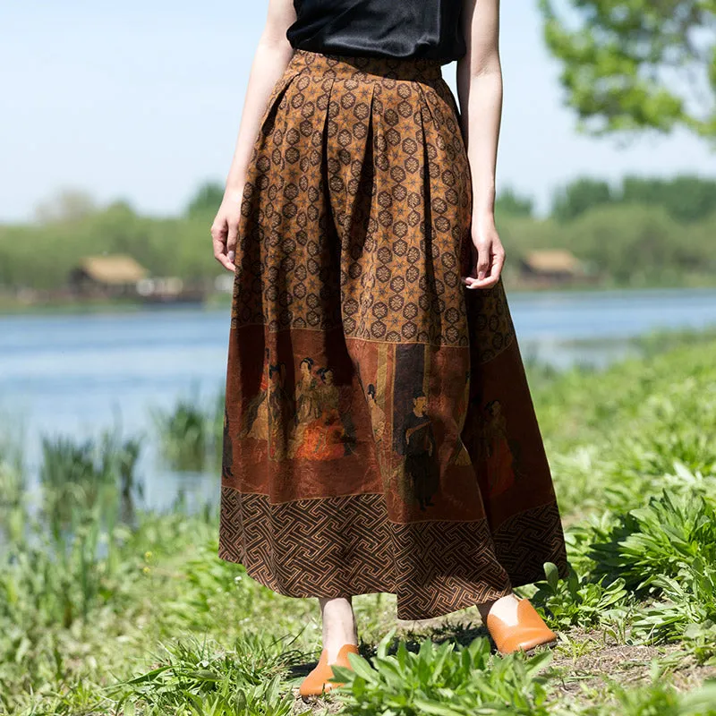 Vintage Chinese-style Mulberry Silk Court Banquet Print Retro Patterned Midi Skirt for Women