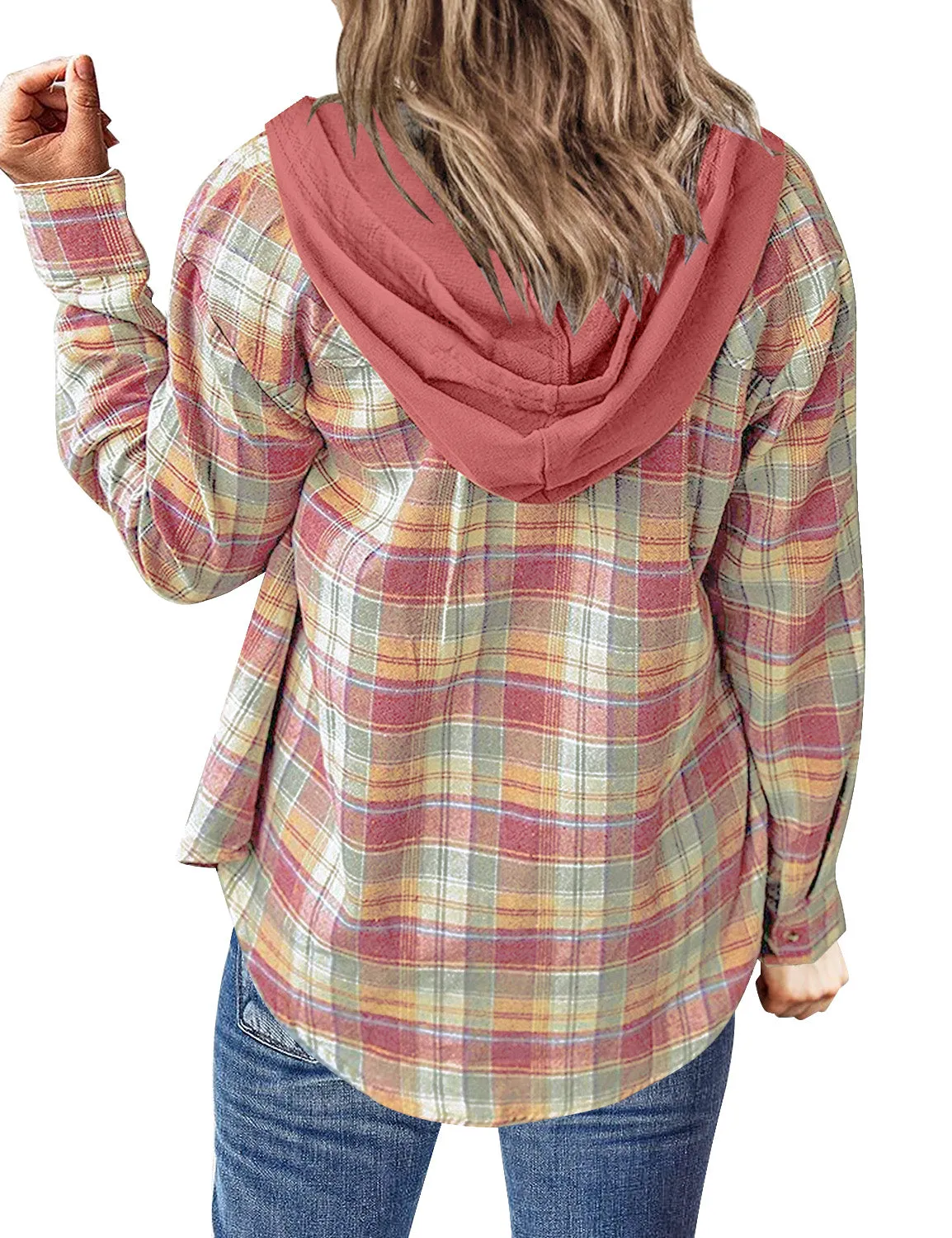 Women Long Sleeve Plaid Hoodie Button Down Blouse Loose Shacket Jacket