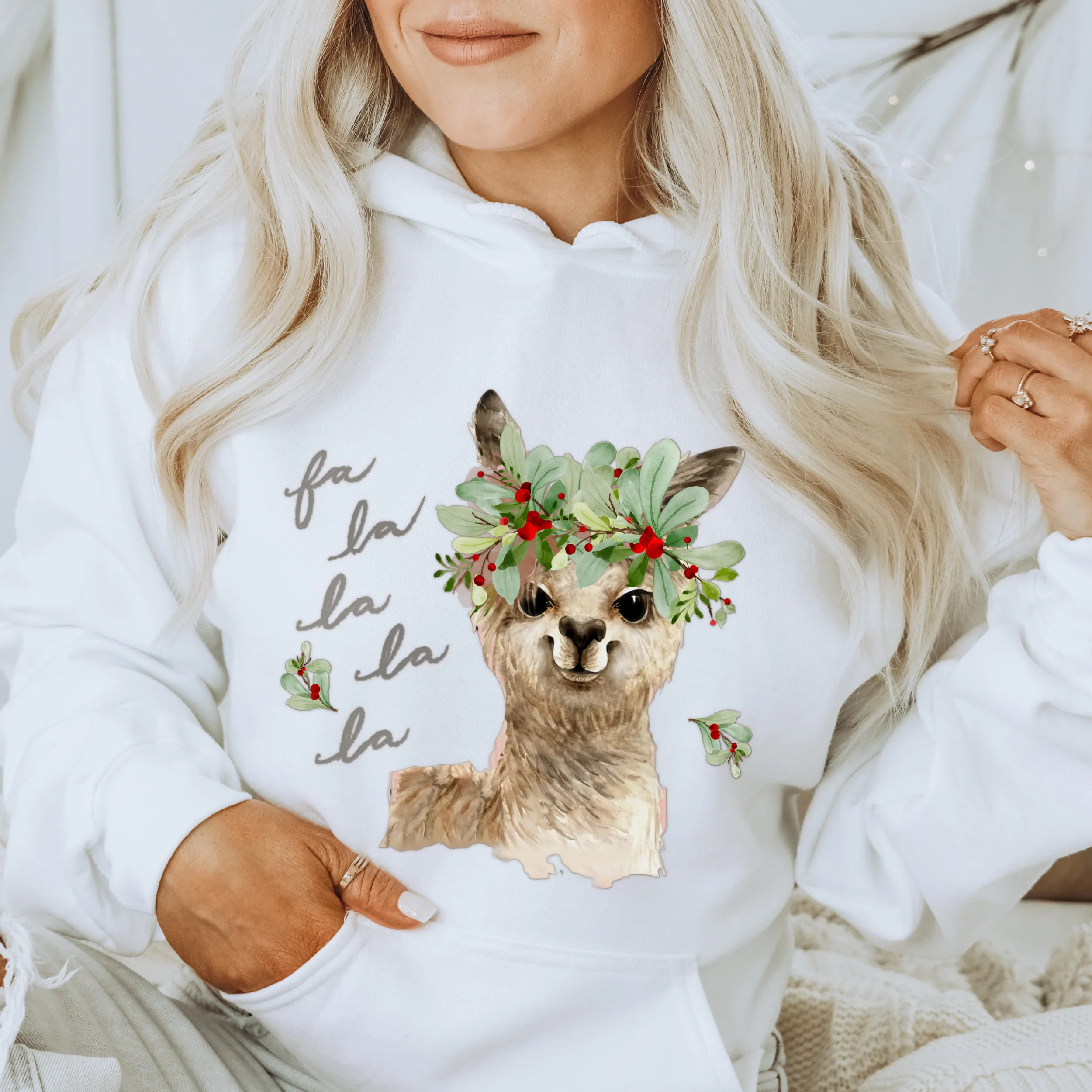 Women's Fa La La La Llama Crewneck Sweatshirt Cute Warm and Cozy Gildan® Pullover Watercolor Llama Christmas or Winter Shirt