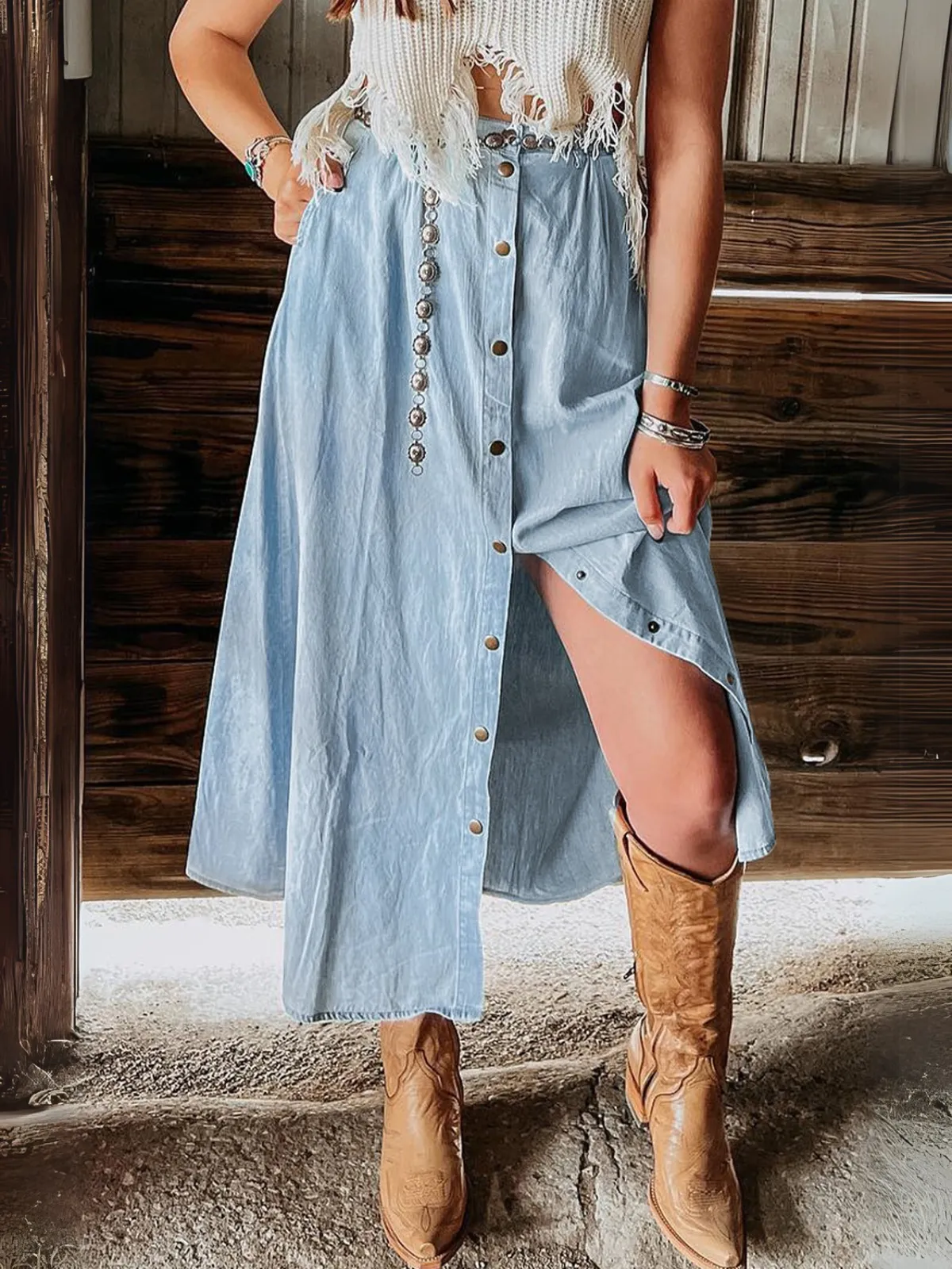 Womens  Fully Buttoned Long Denim Skirt