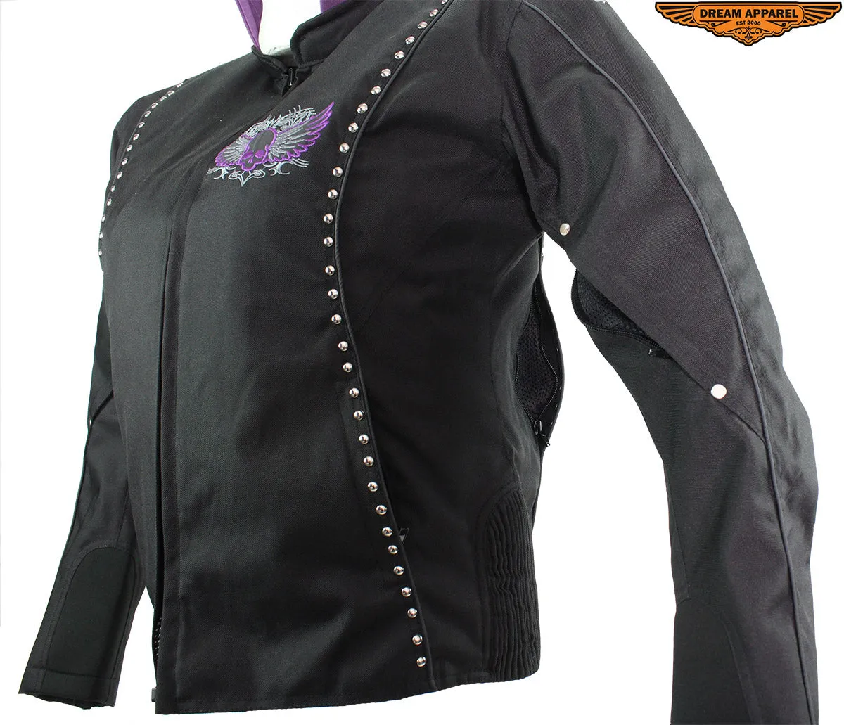 Women's Studed Motorcycle Textile Jacket With Purple Hoodie & Sull & Wings